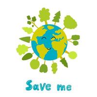 vector illustration of Earth planet with trees around in cartoon hand drawn style. Concept of save the planet, Earth Day, save the world, ecology and the environment