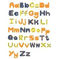 Colorful decorative English alphabet in yellow, orange, blue colors. Vector illustration of cute kids font for education, home decor, card, quotes, print