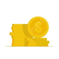 Gold coins stack with coin in front, Vector flat illustration isolated on white background.