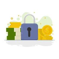 Business financial, Lock protection with money pile, Vector illustration flat design style on isolated background.