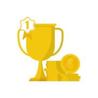 Winner trophy number one with gold coins stack on isolated background. vector