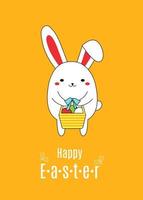 Kawaii little white bunny with a bent ear and a basket of colorful eggs. Cute and funny festive cartoon illustration with happy Easter wishes vector