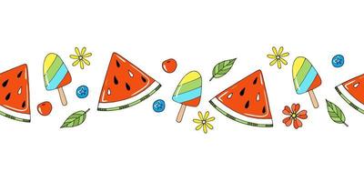 borde vectorial horizontal de verano con linda sandía, cereza, arándanos y helado. elementos dibujados a mano en estilo garabato sobre fondo blanco aislado vector