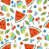 Cute seamless vector pattern with summer fruits and ice cream. Colorful funny hand drawn doodle elements - watermelon, cherry, blueberry, flowers and leaves on white background