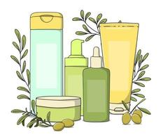 Vector illustration hair care product. A set of tubes and bottles of cosmetics for hair. Soap pump bottle. Olive gel, balm, conditioner, mask, oil.