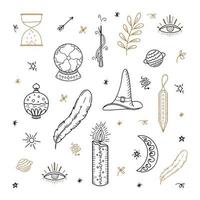 A set of vector design elements of witch magic. A hand-drawn collection, doodles, a sketch of a magician. Symbols of witchcraft, a feather, a candle, a crystal, a planet. Perfect for tattoos