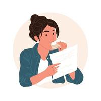 Concept of working. business woman reads documents and bites a sandwich. Working hours and a quick snack. Flat illustration of working moment vector