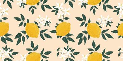 Tropical seamless pattern with yellow lemons and green leaves on pink background. Fruit repeated background. Vector citrus print for fabric or wallpaper.