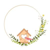 Pink bird in the birdhouses. Spring frame made of small wildflowers. Easter circle template. Vector stock illustration of a summer wreath. Isolated on a white background.