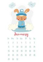Vertical vector calendar for January 2023 with cute cartoon winter rabbit. The year of the rabbit according to the Chinese calendar, symbol of 2023. Week starts on Sunday.