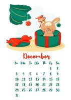 Vertical vector calendar for december 2023 with cute cartoon Christmas rabbit in a gift box. The year of the rabbit according to the Chinese calendar, symbol of 2023. Week starts on Sunday.
