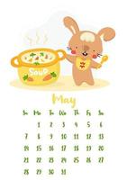 Vertical vector calendar for may 2023 with cute cartoon rabbit cooking a soup. The year of the rabbit according to the Chinese calendar, symbol of 2023. Week starts on Sunday.