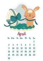 Vertical vector calendar for april 2023 with cute cartoon Easter rabbit with an egg. The year of the rabbit according to the Chinese calendar, symbol of 2023. Week starts on Sunday.