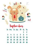 Vertical vector calendar for september 2023 with cute cartoon business rabbit. The year of the rabbit according to the Chinese calendar, symbol of 2023. Week starts on Sunday.