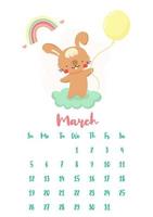 Vertical vector calendar for March 2023 with cute cartoon rabbit holding a balloon. The year of the rabbit according to the Chinese calendar, symbol of 2023. Week starts on Sunday.