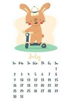 Vertical vector calendar for july 2023 with cute cartoon rabbit riding a scooter. The year of the rabbit according to the Chinese calendar, symbol of 2023. Week starts on Sunday.