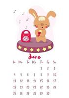 Vertical vector calendar for june 2023 with cute cartoon singing rabbit superstar. The year of the rabbit according to the Chinese calendar, symbol of 2023. Week starts on Sunday.