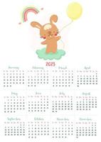 Vertical vector calendar 2023 with cute cartoon rabbit.  Funny animal character holding a balloon. The year of the rabbit according to the Chinese calendar.  Week starts on Sunday. For size A4,A3.