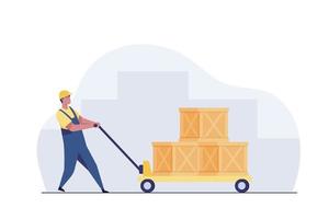 delivery man rolling cardboard box cargo trolley pushcart. vector