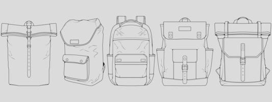 conjunto de vectores de dibujo de contorno de mochila, conjunto de mochila en un estilo de boceto, esquema de plantilla de entrenadores, ilustración vectorial.