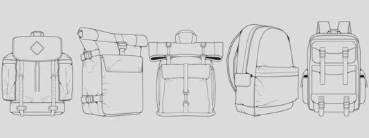 conjunto de vectores de dibujo de contorno de mochila, conjunto de mochila en un estilo de boceto, esquema de plantilla de entrenadores, ilustración vectorial.