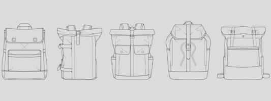 conjunto de vectores de dibujo de contorno de mochila, conjunto de mochila en un estilo de boceto, esquema de plantilla de entrenadores, ilustración vectorial.