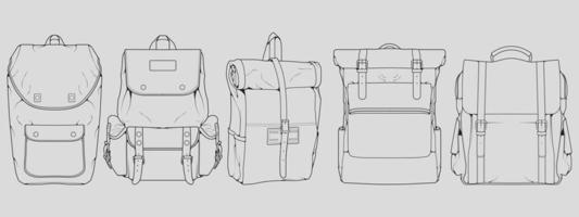 conjunto de vectores de dibujo de contorno de mochila, conjunto de mochila en un estilo de boceto, esquema de plantilla de entrenadores, ilustración vectorial.