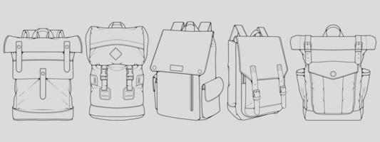 conjunto de vectores de dibujo de contorno de mochila, conjunto de mochila en un estilo de boceto, esquema de plantilla de entrenadores, ilustración vectorial.