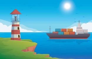 Sea Background with Cargo Ship and Lighthouse vector