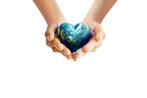 Human hands holding earth glass ball in heart shape on White background free Clipping path for World Health Day content and copy space.Elements of this image furnished by NASA photo