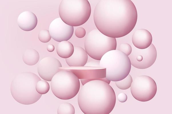 Minimal abstract scene with podium or platform, air flying geometric bubble shapes on pink background.