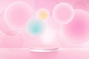 Minimal abstract scene with podium or platform, air flying geometric bubble shapes on pink background. vector