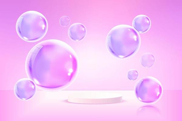 Minimal abstract scene with podium or platform, air flying geometric bubble shapes on blue background.
