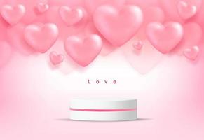 3D white cylinder pedestal podium with realistic pink balloons shape heart wall scene. Modern vector rendering geometric platform for product display presentation.
