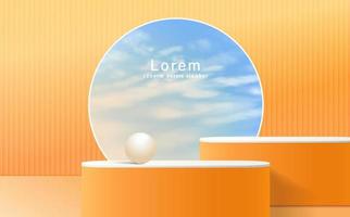 Minimal abstract scene with podium, air flying geometric bubble shapes on orange background. vector