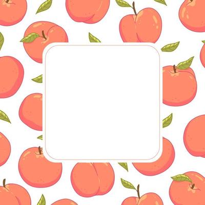 Square cute frame with peaches and leaves. Vector illustration template.