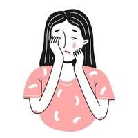 Portrait of a young sad crying girl in a simple doodle style. Vector isolated illustration.