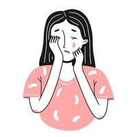 Portrait of a young sad crying girl in a simple doodle style. Vector isolated illustration.