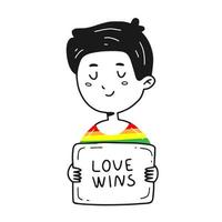 A young guy holds a poster with the inscription love wins. The guy in the LGBT T-shirt. Vector isolated illustration.