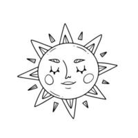 The character of the sun with a face in the line doodle style. Vector illustration.