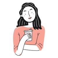 Portrait of a young happy girl with a cup of coffee in a simple linear doodle style. Vector isolated illustration.