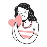 Portrait of a young girl embracing a heart in a simple linear doodle style. Vector isolated illustration.