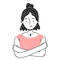 Portrait of a young sad closed girl in a simple line doodle style. Vector isolated illustration.