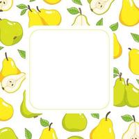 Square cute frame with pears and leaves. Vector illustration template.