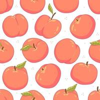 Seamless fruit pattern with peaches and leaves on a white background. Vector illustration background.