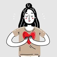 Young happy girl holding a heart in her hands. Vector illustration with a character in a simple cute doodle style.