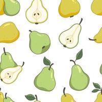 Seamless fruit pattern with green and yellow pears and leaves on a white background. Vector illustration background.