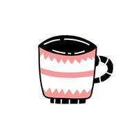 Cute pink mug with patterns in a simple noodle style. Vector illustration isolated on a white background.