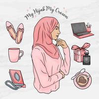 beauty woman hijab girl sticker element objects set template vector