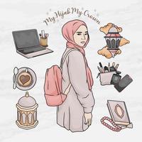 beauty woman hijab girl sticker element objects set template vector